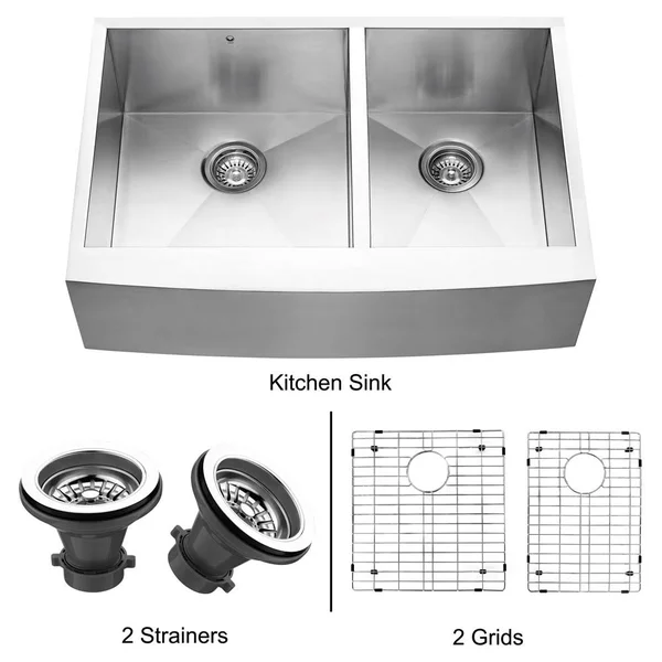 VIGO 33-inch Farmhouse Stainless Steel Kitchen Sink, Two Grids and Two Strainers