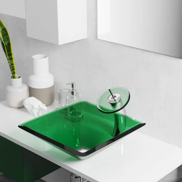 Rene R5-5003-IVY-WF-ORB Ivy Colored Glass Vessel Sink with Oil Rubbed Bronze Waterfall Faucet - Sink Ring, and Vessel Pop-Up Drai