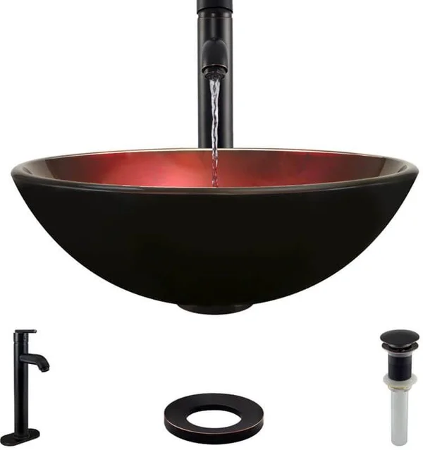 Rene R5-5007-R9-7001 16-1/2x22 Glass Vessel Bathroom Sink with Vessel Faucet Sink Foil Undertone