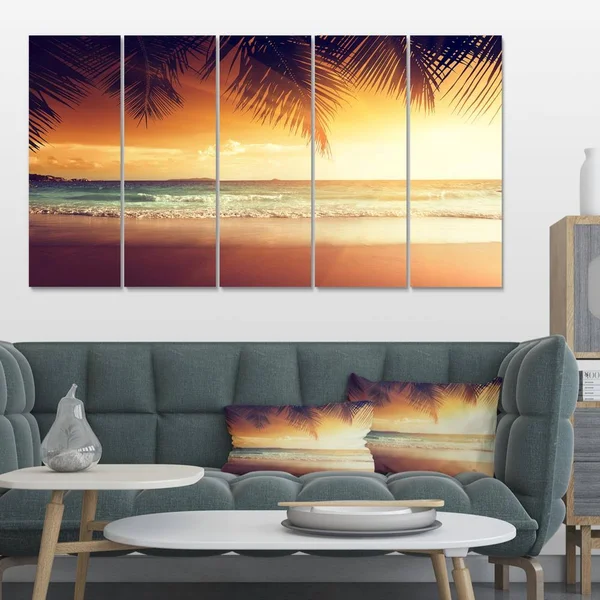 Designart &Palm Leaves on Caribbean Seashore& 4 Piece Graphic Art on Wrapped Canvas Set