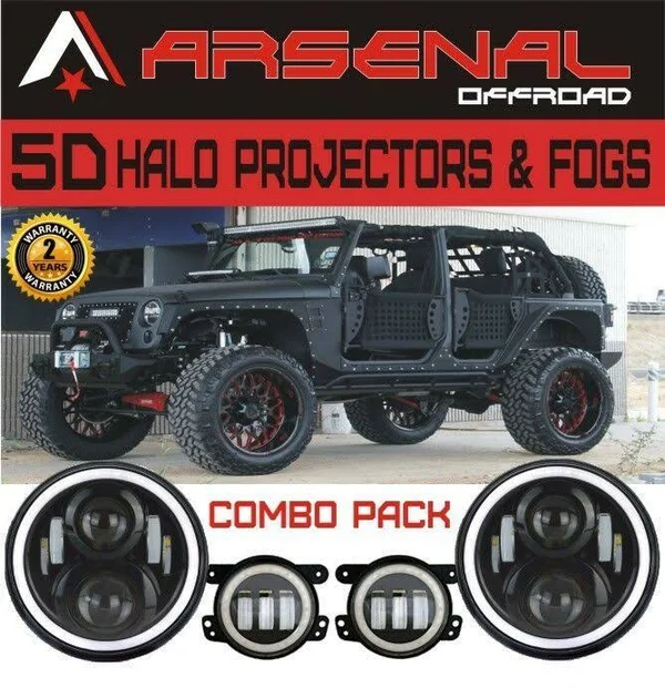#1 7 inch Round Halo Projectors and Halo Fog Lights 60W Cree Headlights White Halo Angel Eyes+Amber Turning Signal Lights 30W Ha