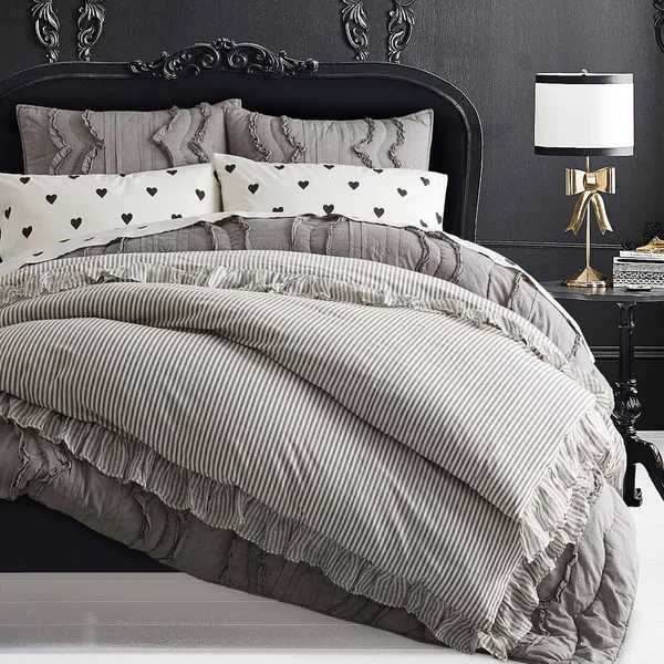 The Emily & Meritt Ruffle Stripe Sham - Standard, Charcoal/Ivory - Ivory/Charcoal - Bedding - Duvet Covers + Cases - Pottery