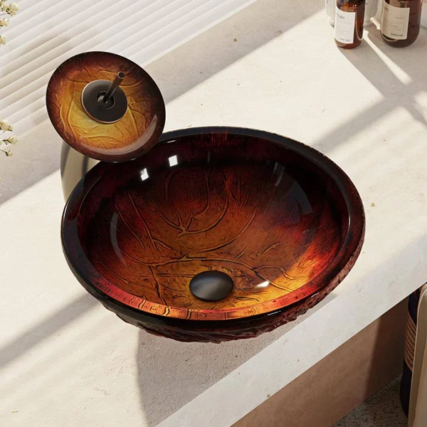 Rene R5-5018-WF-ABR Red Lava Glass Bathroom Sink with Antique Bronze Waterfall Faucet, Sink Ring, and Vessel Pop-Up Drain