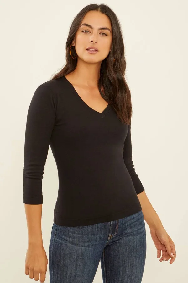 Three Dots Women's Heritage 3/4 Sleeve V-Neck T-Shirt - Black - Xs