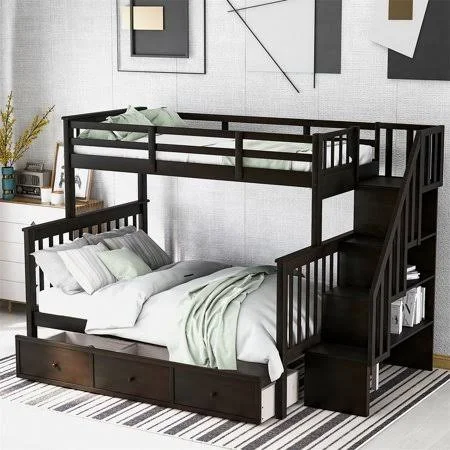 Sentern Stairway Twin Over Full Bunk Bed with Drawer - Storage and Guard RAIL, Espresso, Size: See description, Brown