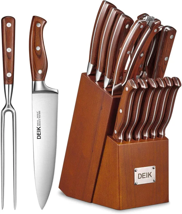 Deik Knife Set - High Carbon Stainless Steel Kitchen Knife Set 16 Pcs, Super Sharp Cutlery Knife Collection with Meat Fork and Se