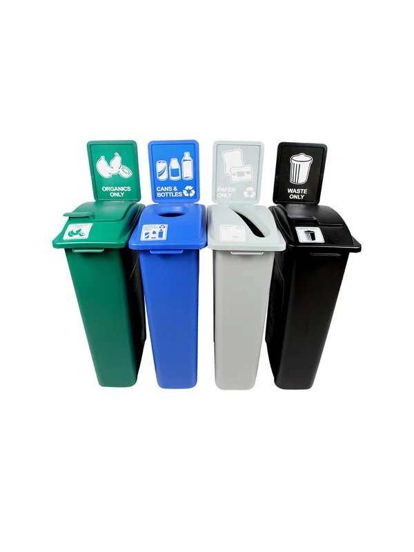 Busch Systems Waste Watcher Organics - Paper, Cans and Bottles Slot Circle Solid Lift 92 Gallon Recycling Bin Set Color: Green/Bl