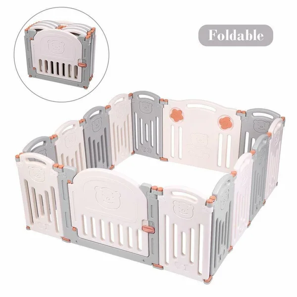 JOYMOR 14 Panels Foldable Baby Playpen BPA-Free Safety Play Yards Kids Activity Center with Locked Door Home Indoor Outdoor (Lit