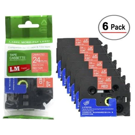 6/Pack Lm Tapes - Premium 1 inch White Print on Red Label (24mm 0.94 Laminated) Compatible with TZe-455 P-Touch Tape and Comes w