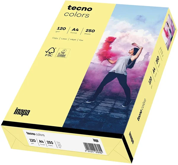 Inapa Coloured Printer Paper, Colourful Paper Tecno Colours: 120 g/m², A4, 250 Sheets, Light Yellow