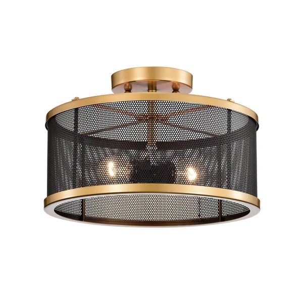 Perin Matte Black+Gold 2-Light Metal Drum Semi-Flush Mount 2015/2SF