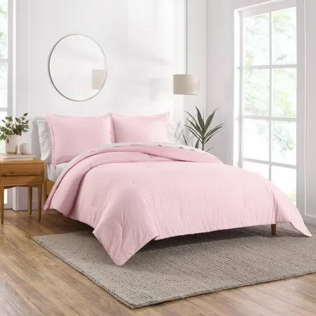 Gap Home Yarn Dyed Washed Chambray Stripe Reversible Organic Cotton Comforter Set, Twin, Blush, 2-Pieces