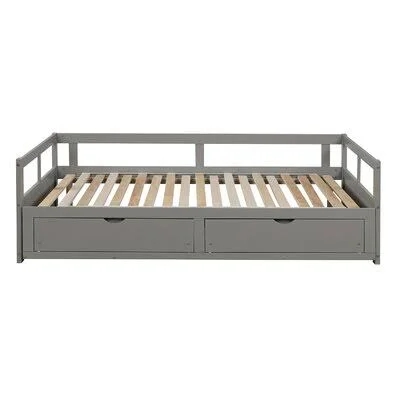 Wooden Daybed with Trundle Bed and Two Storage Drawers Extendable Bed Daybed Sofa Bed for Bedroom Living Room White Red Barrel S