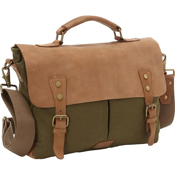 Vagabond Traveler Casual Style Cowhide Leather Cotton Canvas Messenger Bag