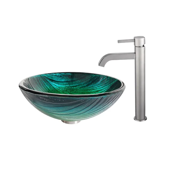 Kraus nei Glass Vessel Sink and Ramus Faucet - Satin Nickel