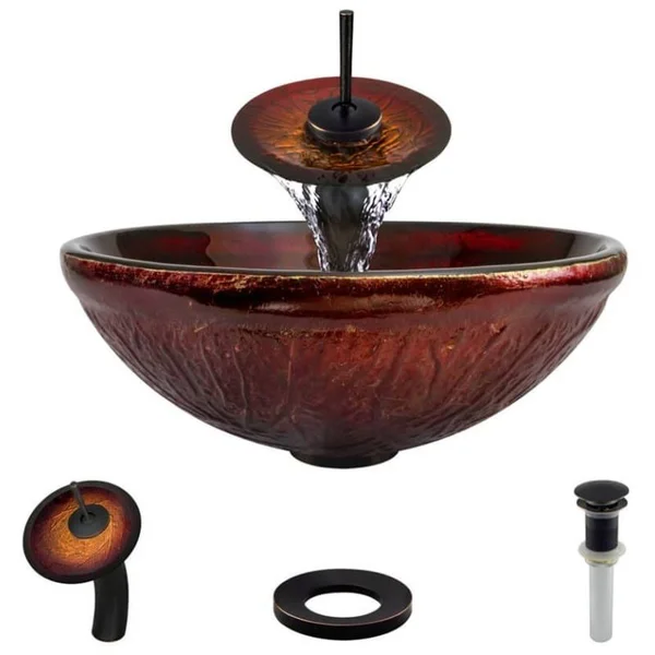 Rene R5-5018-WF-ABR Red Lava Glass Bathroom Sink with Antique Bronze Waterfall Faucet, Sink Ring, and Vessel Pop-Up Drain