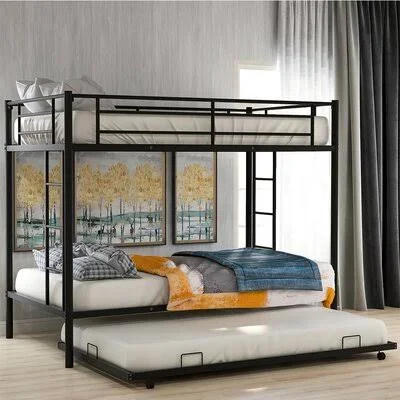Onway Twin Over Twin Metal Standard Bunk Bed with Trundle Isabelle & Max Bed Frame Color: Black