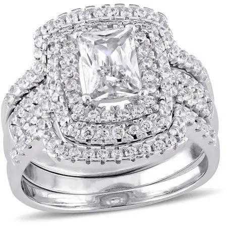 4-1/10 Carat T.g.w. CZ Sterling Silver Halo Bridal Set - Women's, Size: 5, Grey Type