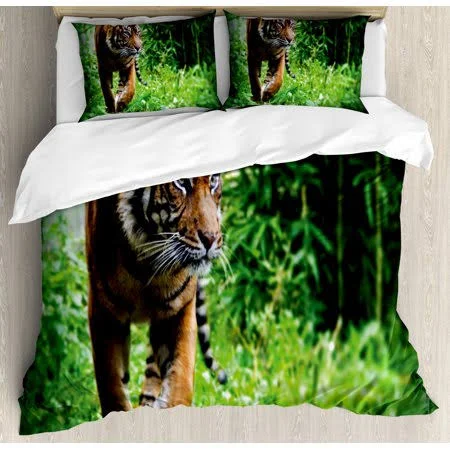 Tiger Duvet Cover Set - Siberian Large Feline at Zoo Wildlife at Captivity Unnatural Habitat Agressive Animal, Decorative Bedding