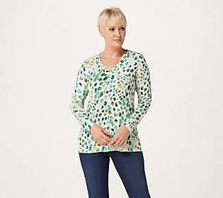Susan Graver Printed Brushed Liquid Knit V-Neck Top, Size Small, Teal/Seafoam