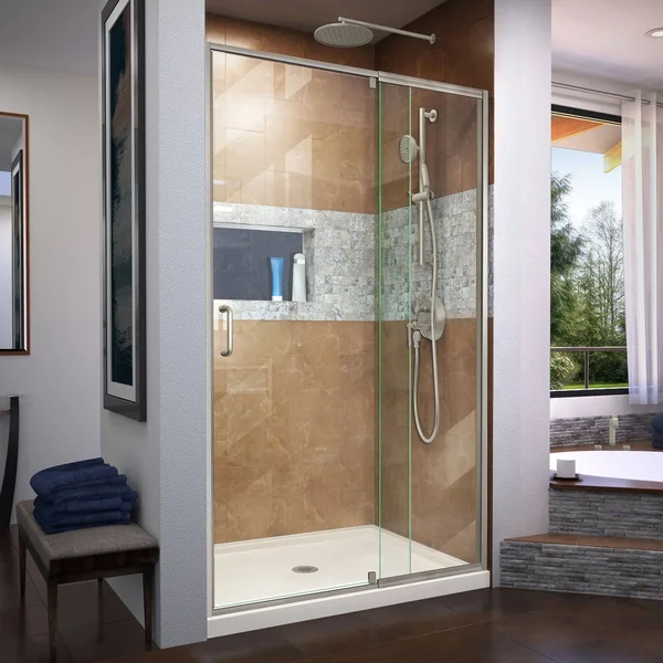 DreamLine DL-6221C-01 Flex 36x22D x 48x22W x 74 3/4x22H Semi-Frameless Pivot Shower Door in Chrome with Center Drain White Base