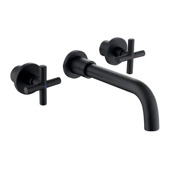 WELLFOR Wall Mount Bathroom Faucet Matte Black 2-Handle Wall-Mount Bathroom Sink Faucet, WB-FA049MB3