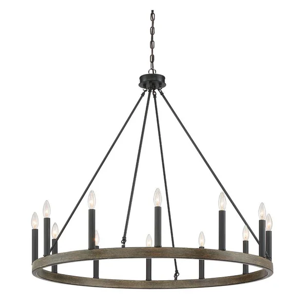 JUSHUA Rustic 12-Light Chandelier Black and Ironwood Finish Candle Style Chandelier with Metal Wagon Wheel