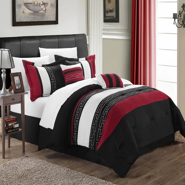 Chic Home Carlton Black, Burgundy & White Queen 10 Piece Comforter Bed in A Bag Set