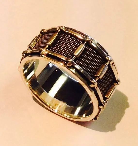 Hand Crafted Sterling Silver Snare Drum Wedding Ring Size 4-15.5
