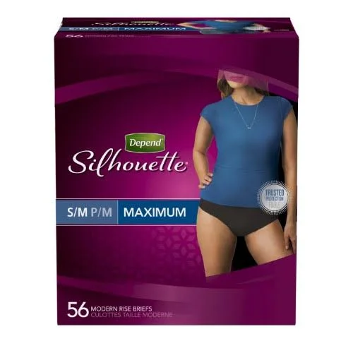 Depend Silhouette Maximum Absorbency Incontinence Women's Briefs, Black, S/M - 56 count