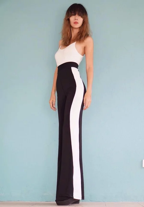 Women's Black with White Striped Casual Wide Leg Pants High Waisted, Vintage 70s fashion/Casual/Urban Pants.