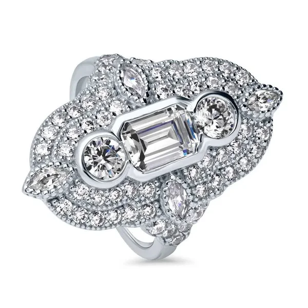 Berricle Sterling Silver Cubic Zirconia CZ Statement Art Deco Milgrain Cocktail Fashion Right Hand Ring Size 7