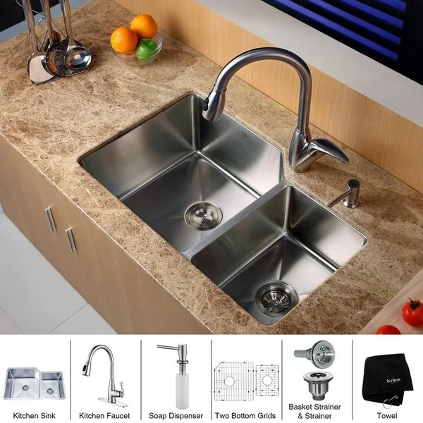 Kraus KHU123-32-KPF2120-SD20 32x22 Undermount Double Bowl Stainless Steel Kitchen Sink with Kitchen Faucet and Soap Dispenser