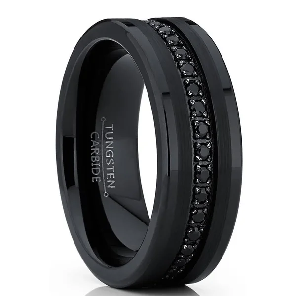Tungsten Black Wedding Band Eternity Ring CZ Inlay - 10.5
