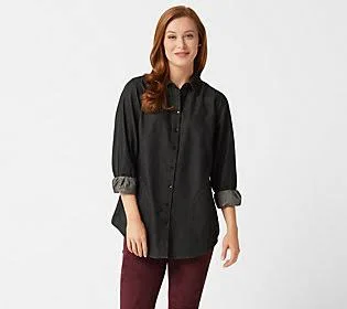 Joan Rivers Denim Shirt with Back Button Detail - Size X-Small, Black Wash