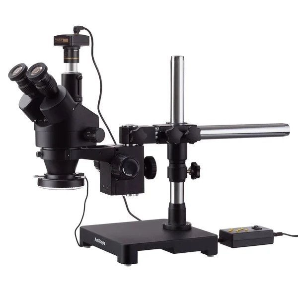7X-135X Black Trinocular Stereo Zoom Microscope on Single Arm Boom Stand + 144 Direction Adjustable LED Ring Light & Usb2.0