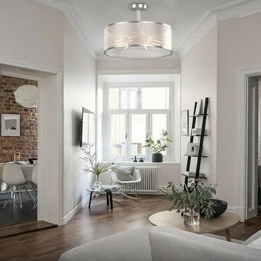 6-Light Semi Flush Mount Ceiling Light Pendant Lamp with Fabric Drum-Shaped Shade