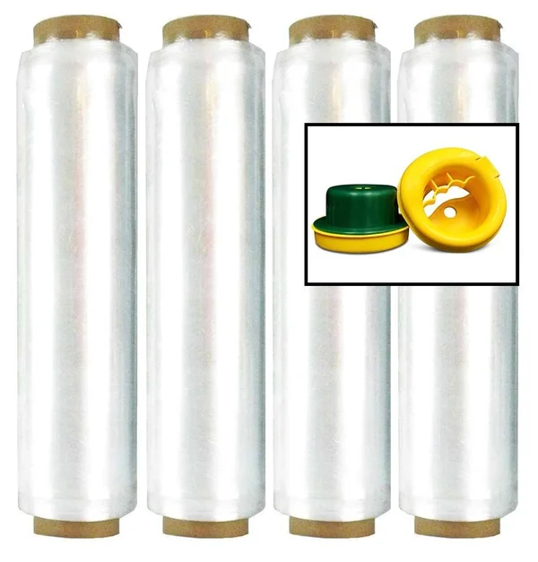(4) Pre-Stretch Hand Wrap w/ Folded Edges 13x22 x 1476& 4 Rolls 7 Mic + Dispenser