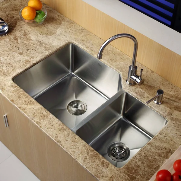 Kraus KHU123-32-KPF2160-SD20 32x22 Undermount Double Bowl Stainless Steel Kitchen Sink with Kitchen Faucet and Soap Dispenser