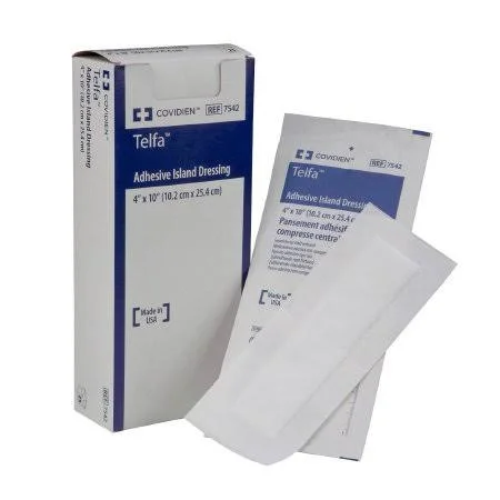 Telfa Adhesive Dressing 4 x 10 inch Nonwoven Rectangle White Sterile, 7542 - Case of 100
