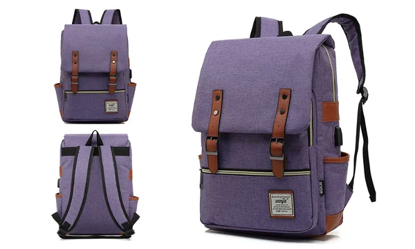 Women's Unisex Canvas Leather Travel Backpack Satchel Rucksack Laptop School Bag Purple