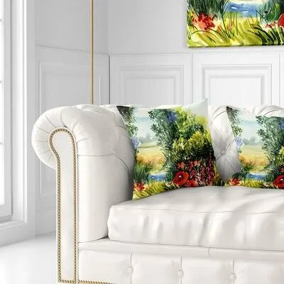 Watercolor Landscape with Flowers Pillow East Urban Home Size: 18x22 x 18