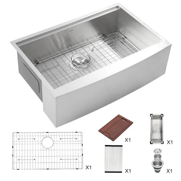 Mini Kong Stainless Steel 33 in. 16-Gauge Single Bowl Farmhouse Apron-Front Kitchen Sink Basin with Workstation Strainer - Silver