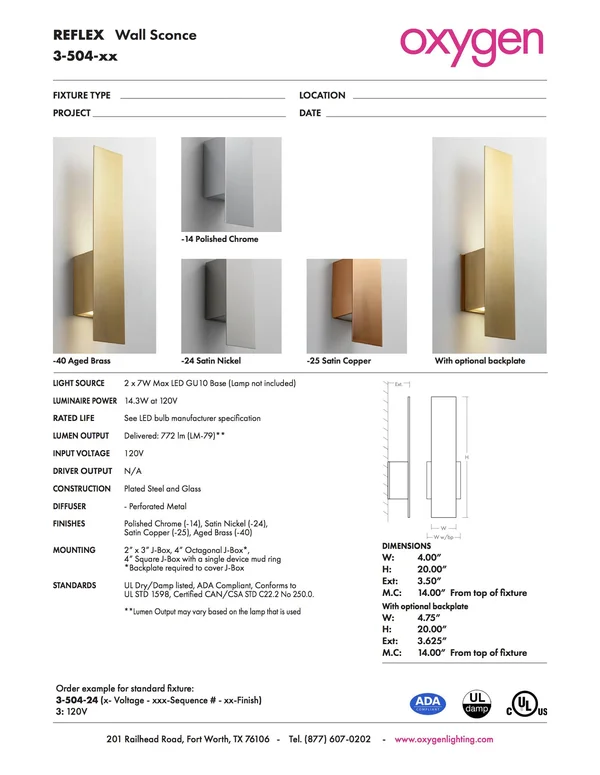 Oxygen Lighting Reflex 3-504-14 LED Wall Sconce Polished Chrome