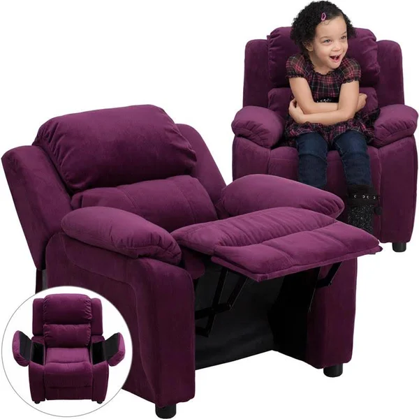 Alamont Deluxe Padded Contemporary Purple Microfiber Kids Recliner with Storage Arms