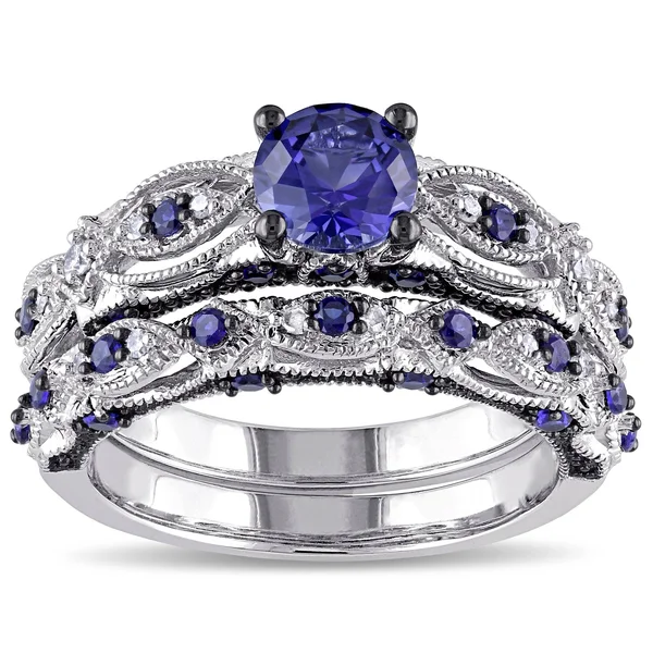 Miadora 10K White Gold Created Blue Sapphire 1/10ct TDW Diamond Vintage Bridal Set - 9