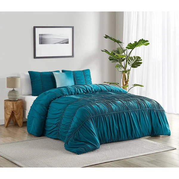 Cedar Court Garment Washed Smocked Stripe Cable Braid Blue - 4 Piece Comforter Set-King