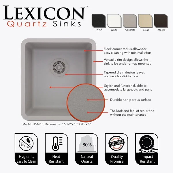 Lexicon Platinum LP-1618-K Small Single Bowl Quartz Composite Kitchen Sink Black