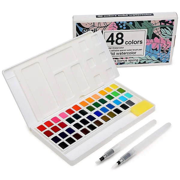 48 Watercolor Paints Set - Art Supplies Portable Watercolor Paint Kit - 2 Refillable Special Water Brush Pens, Sponge and Waterco