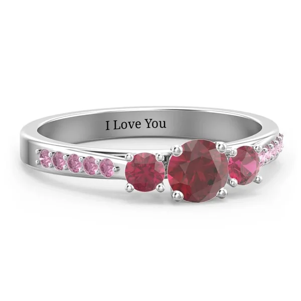 March Birthstone Three Stone Eternity Birthstone Ring with Twin Accent Rows